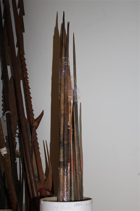 Collection of Sepik River tribal spears, bamboo arrows etc.